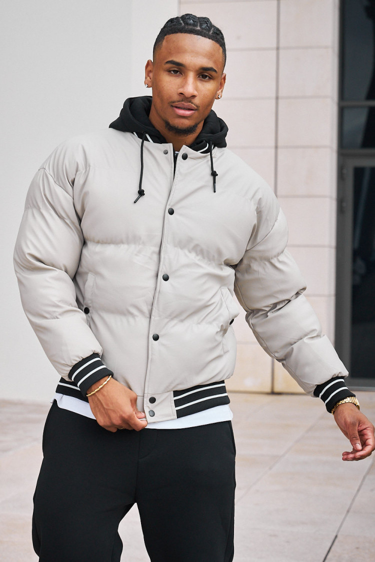 Doudoune courte bi-matière beige et noire