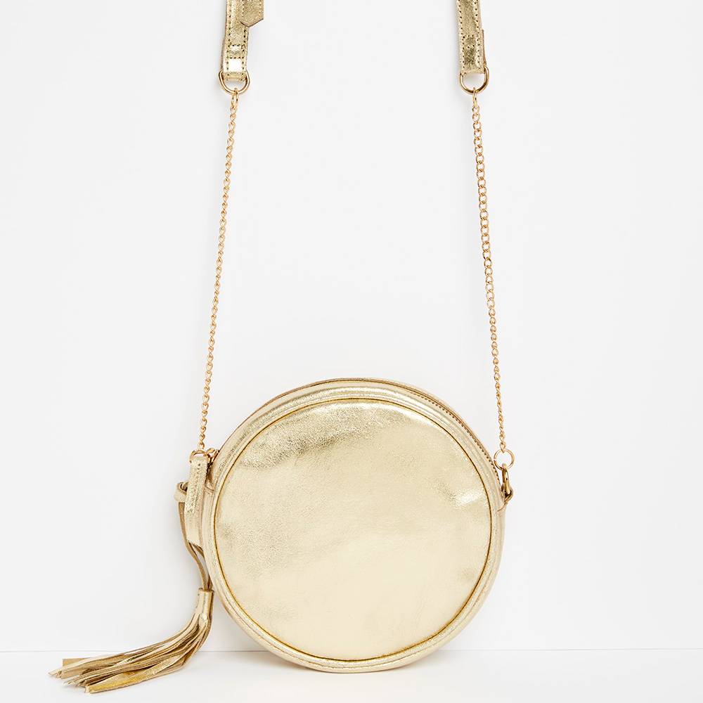 Geometric Retro SAC BANDOULIERE ROND EN DAIN DORE AVEC POMPON