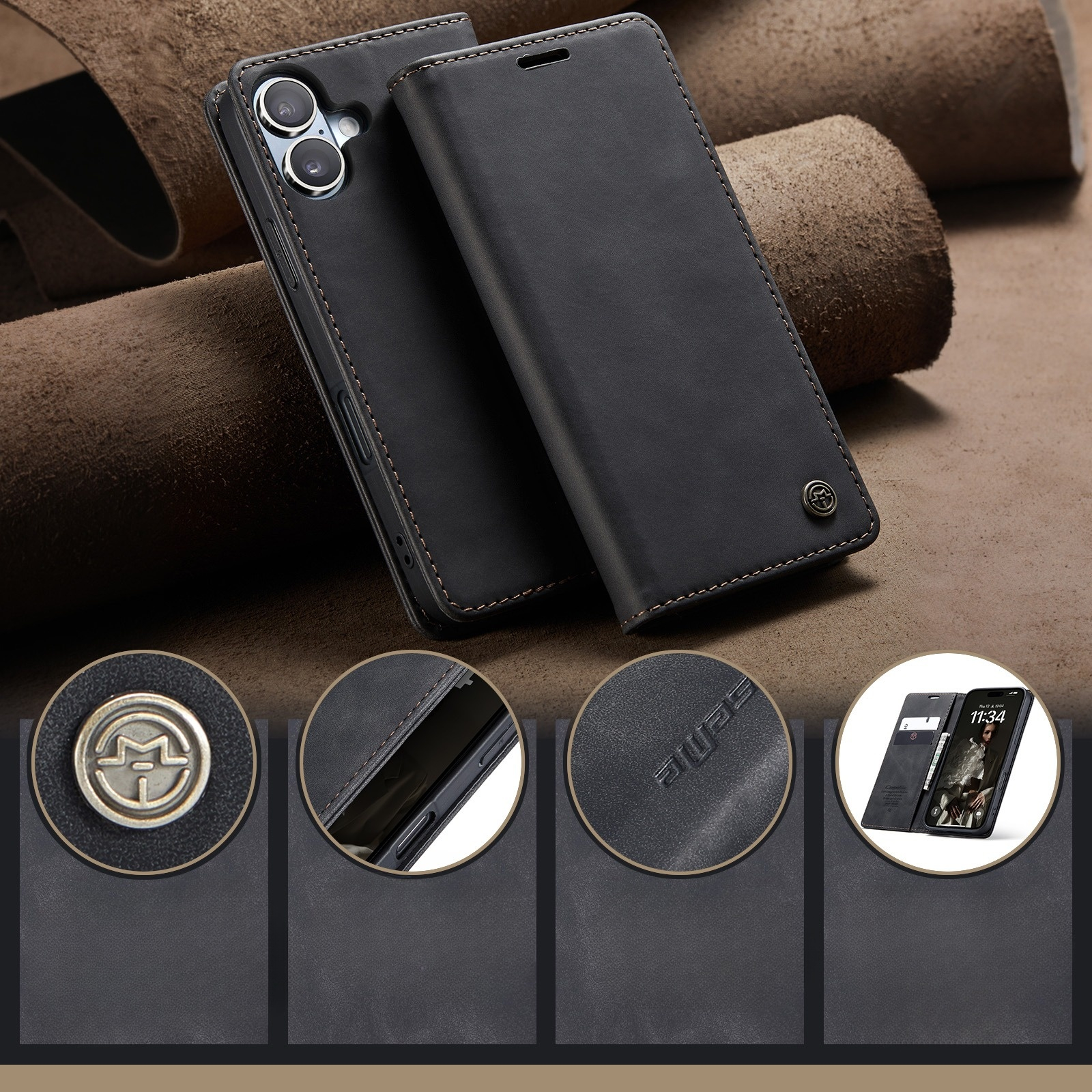 iPhone 17 Leder Tasche Flip Wallet Etui mit Kartenfächern - Schwarz