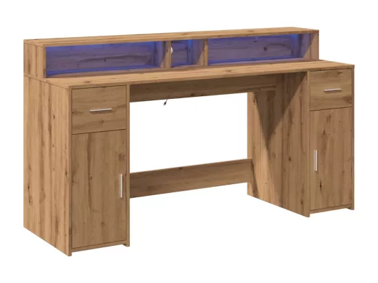Bureau avec lumières LED chêne artisanal bois d'ingénierie