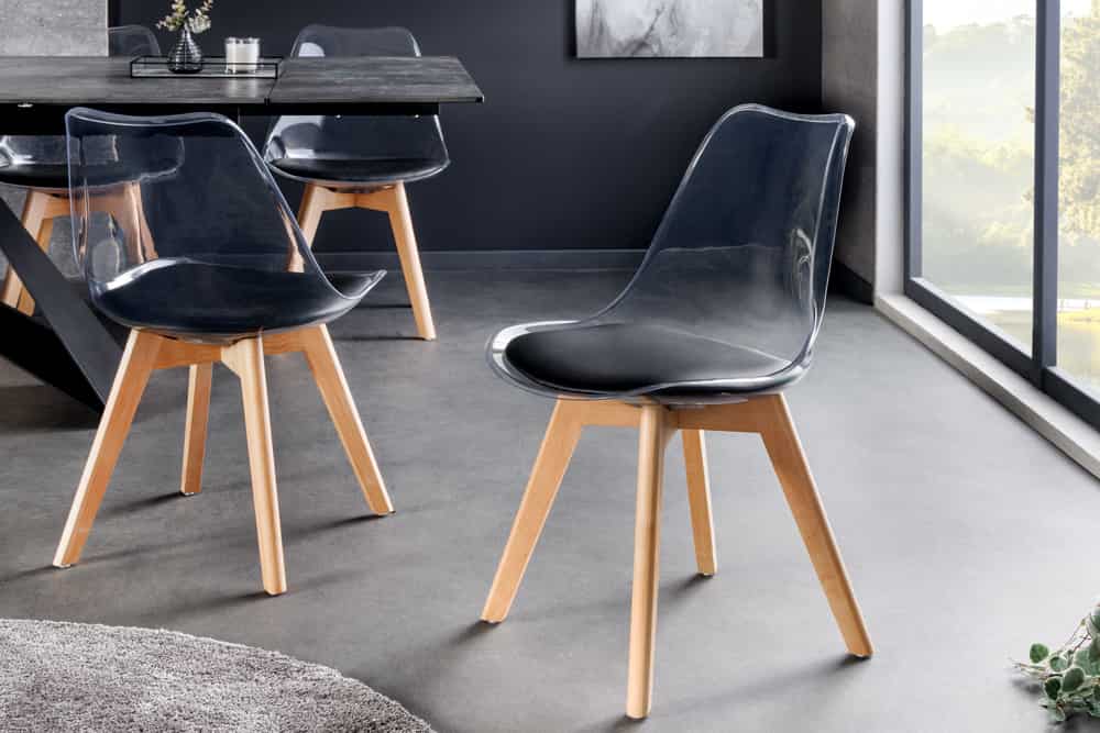 Design Stuhl SCANDINAVIA MEISTERSTÜCK transparent schwarz Kunststoff Buchenholz natur