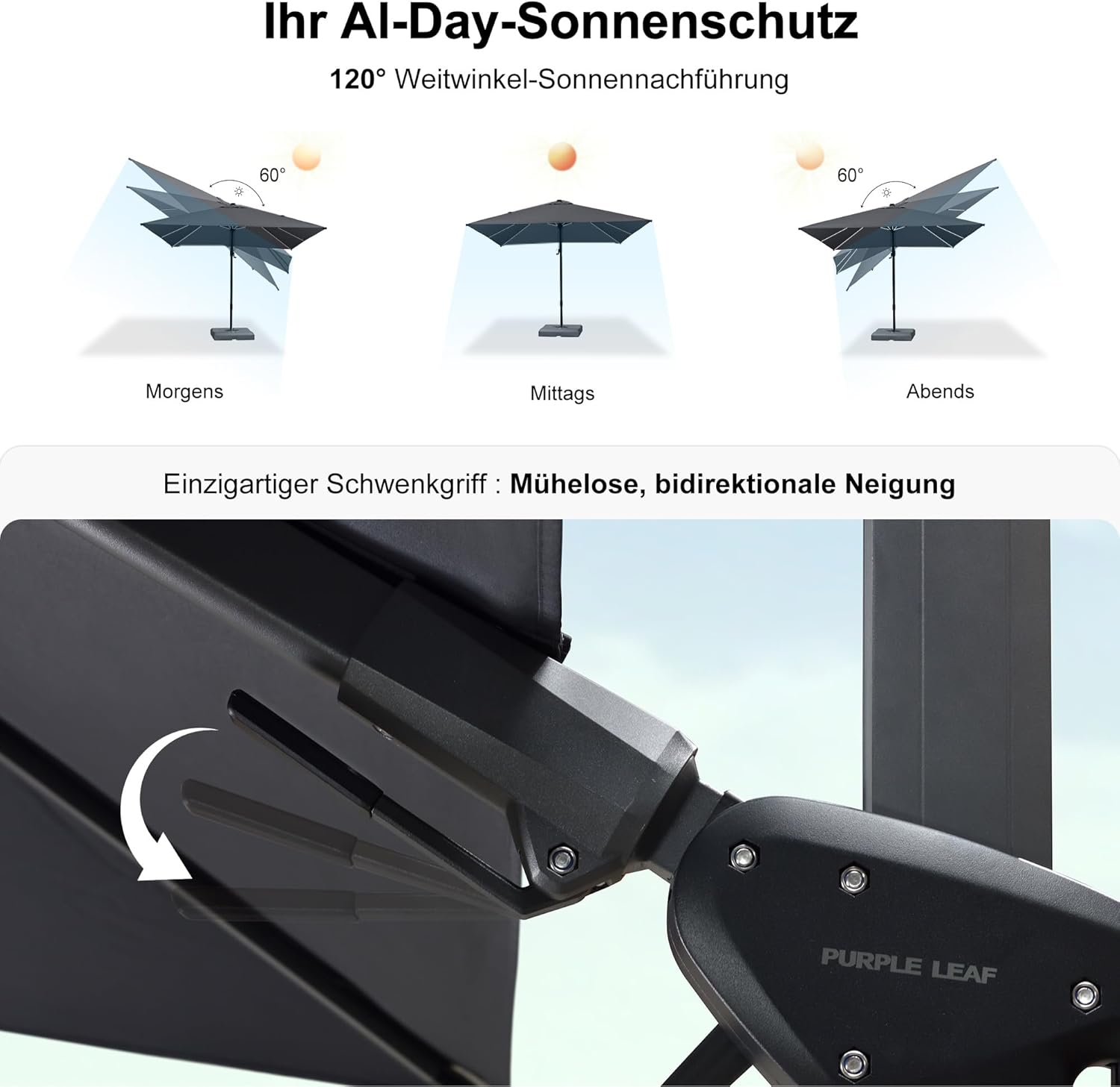 PURPLE LEAF Ampelschirm 300 x 300 cm Sonnenschirm mit LED Beleuchtung, Neigbar Kippbar Gartenschirm mit Kurbel, Aluminium Gestell, 360° Rotation, Grau