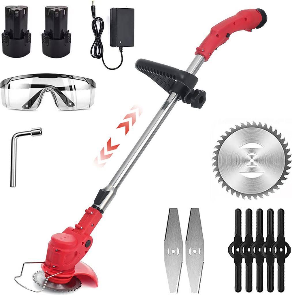 Akku-Rasentrimmer mit 2 Batterie, Freischneider, Motorsense, mit Akku und Ladegerät, Teleskop-Stiel & Zusatzhandgriff