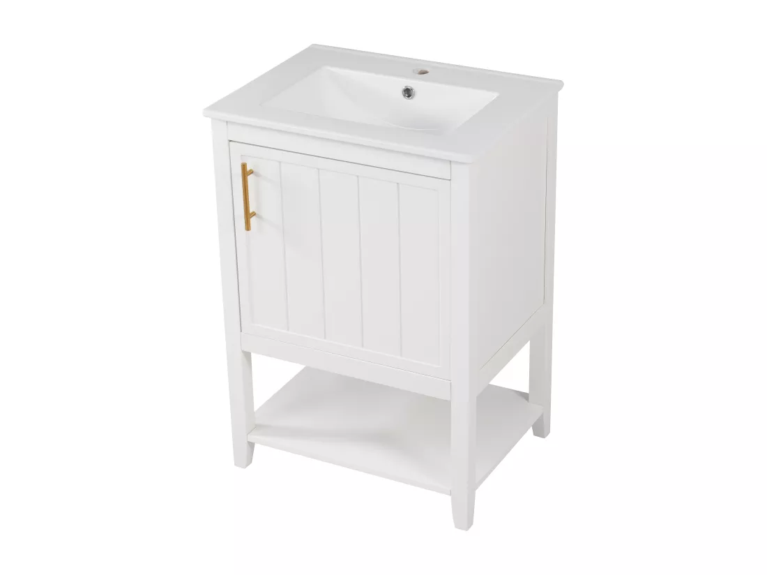Meuble de salle de bain avec vasque en céramique - avec rangements - Blanc(robinet non inclus)