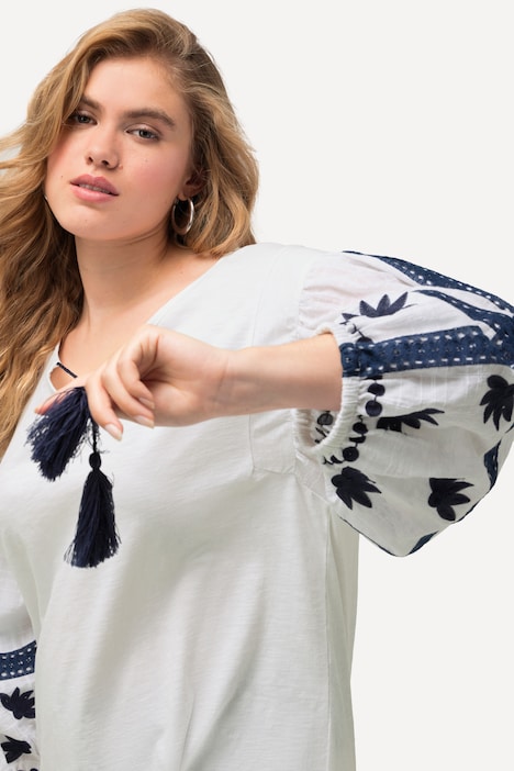 Bluse, Stickerei, Tunika-Ausschnitt , Langarm
