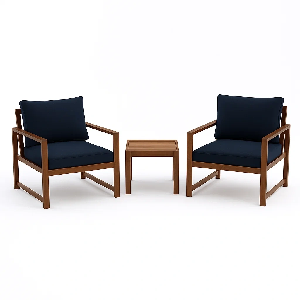 Ensemble de mobilier de jardin 3 pièces en bois avec coussins bleus