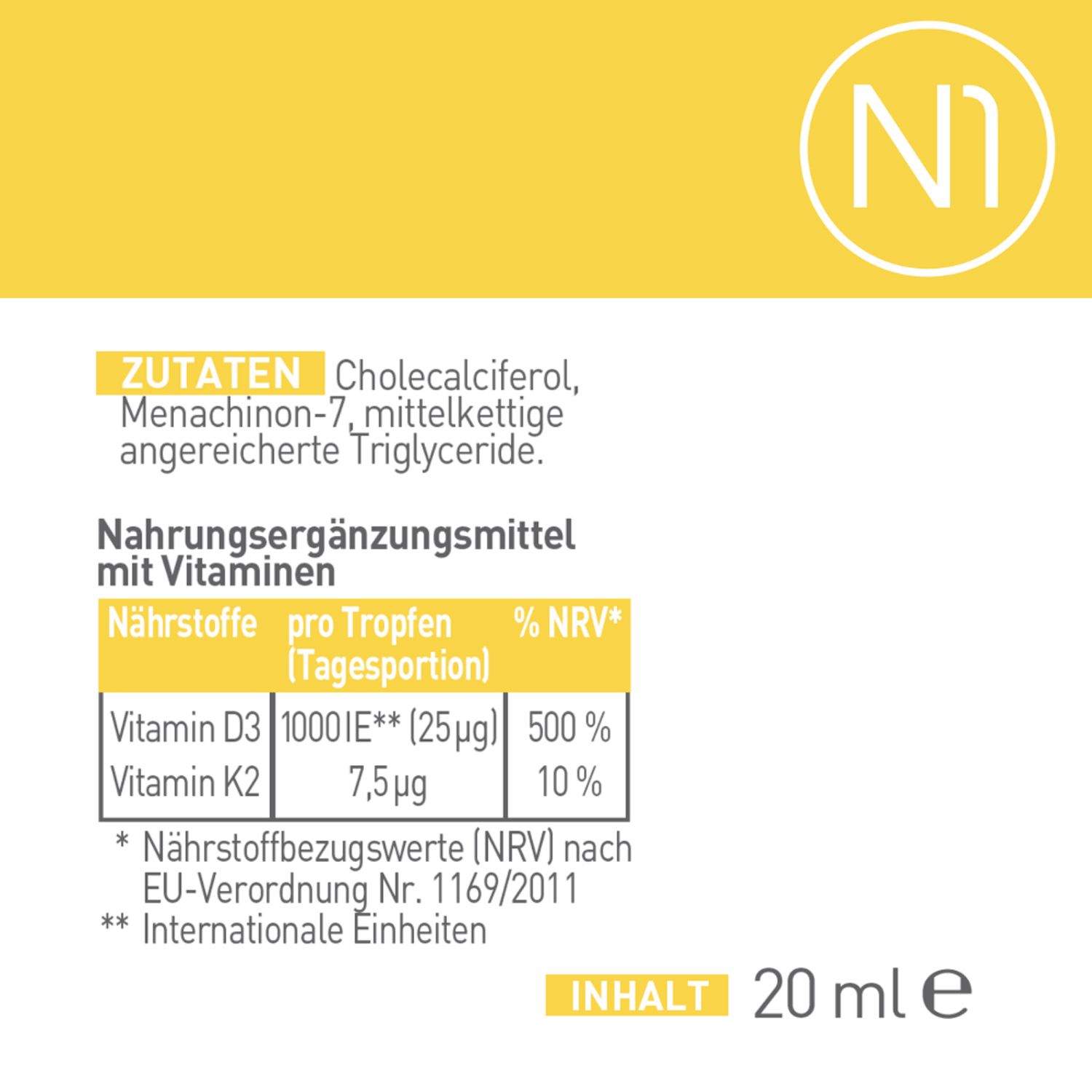 N1 Vitamin D3 K2 Öl – 1.000 I.E pro Tropfen - das Sonnenvitamin für deinen Alltag