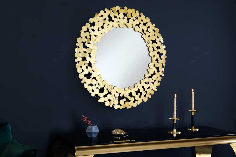 Dekorativer Wandspiegel COINS 80cm XL antik gold rund aus Metall handmade
