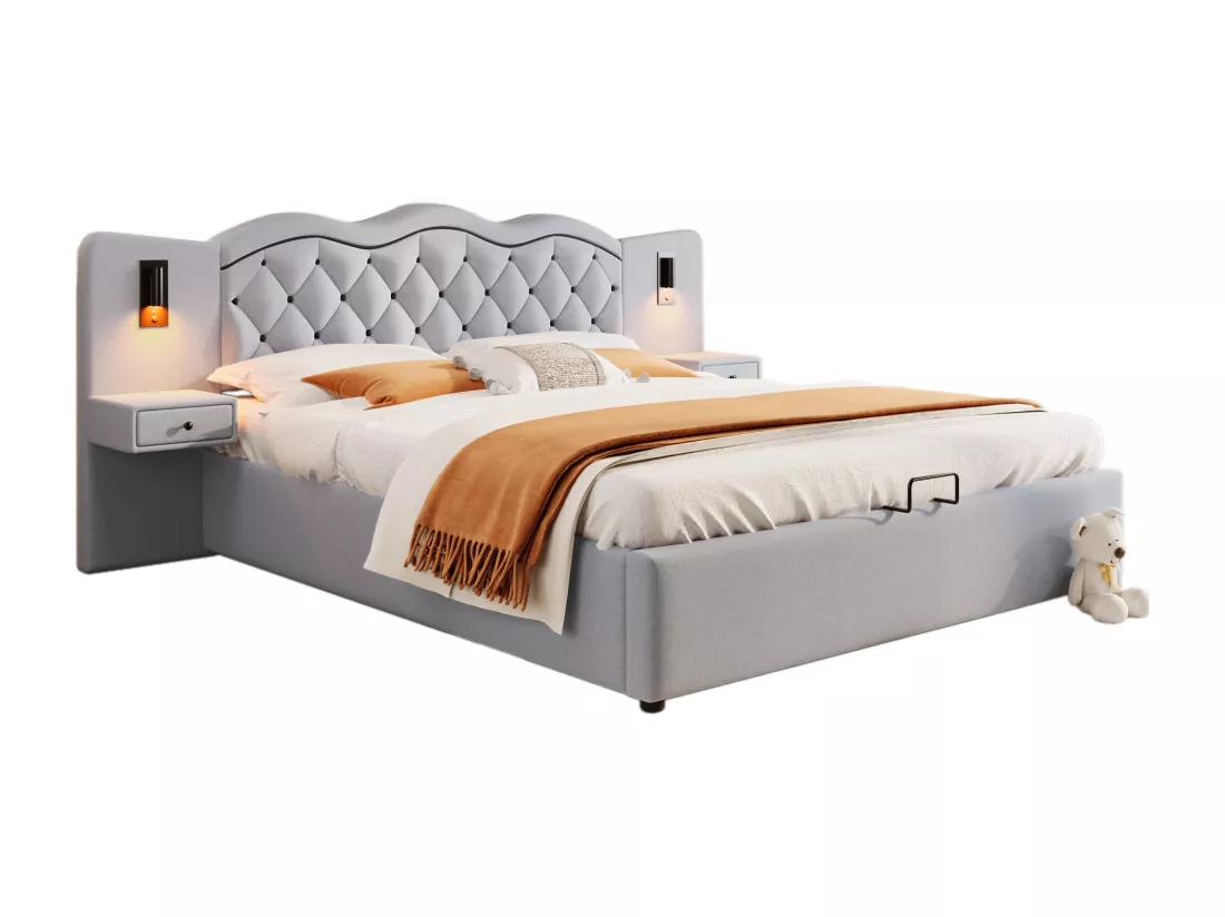 Lit coffre 160x200 cm en lin - 2 chevets de rangement avec prise USB et lampes - Gris