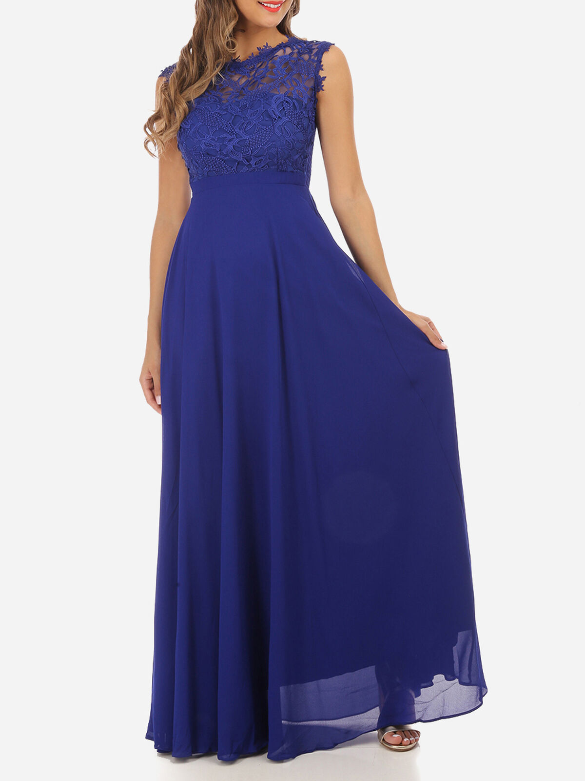 Robe longue à dentelle grandes tailles- Bleu Roi