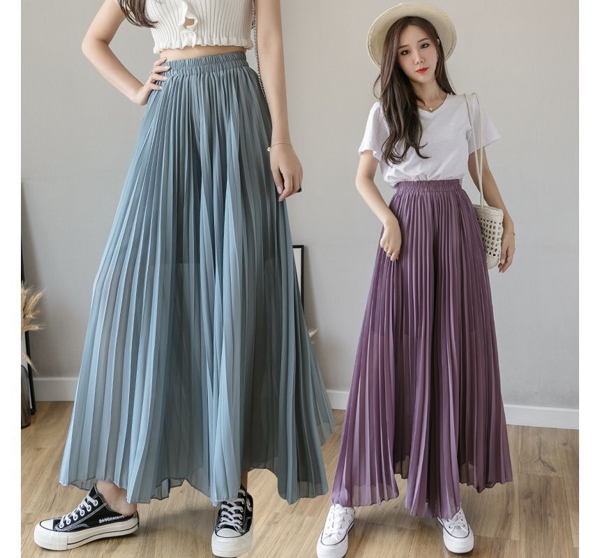 Dragan Pulse - Elastische taille, effen geplooide chiffon cropped broek met wijde pijpen