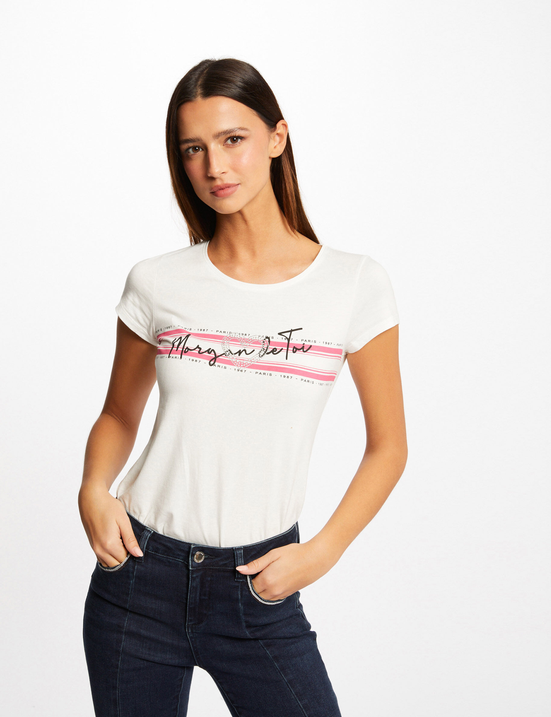 T-shirt manches courtes à inscription fuchsia femme - fuchsia