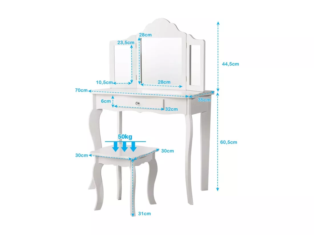 Coiffeuse Enfant Rose avec Tabouret, Table de Maquillage avec Miroir à Trois Panneaux et Tiroir, 70 x 34 x 103 CM, Blanc