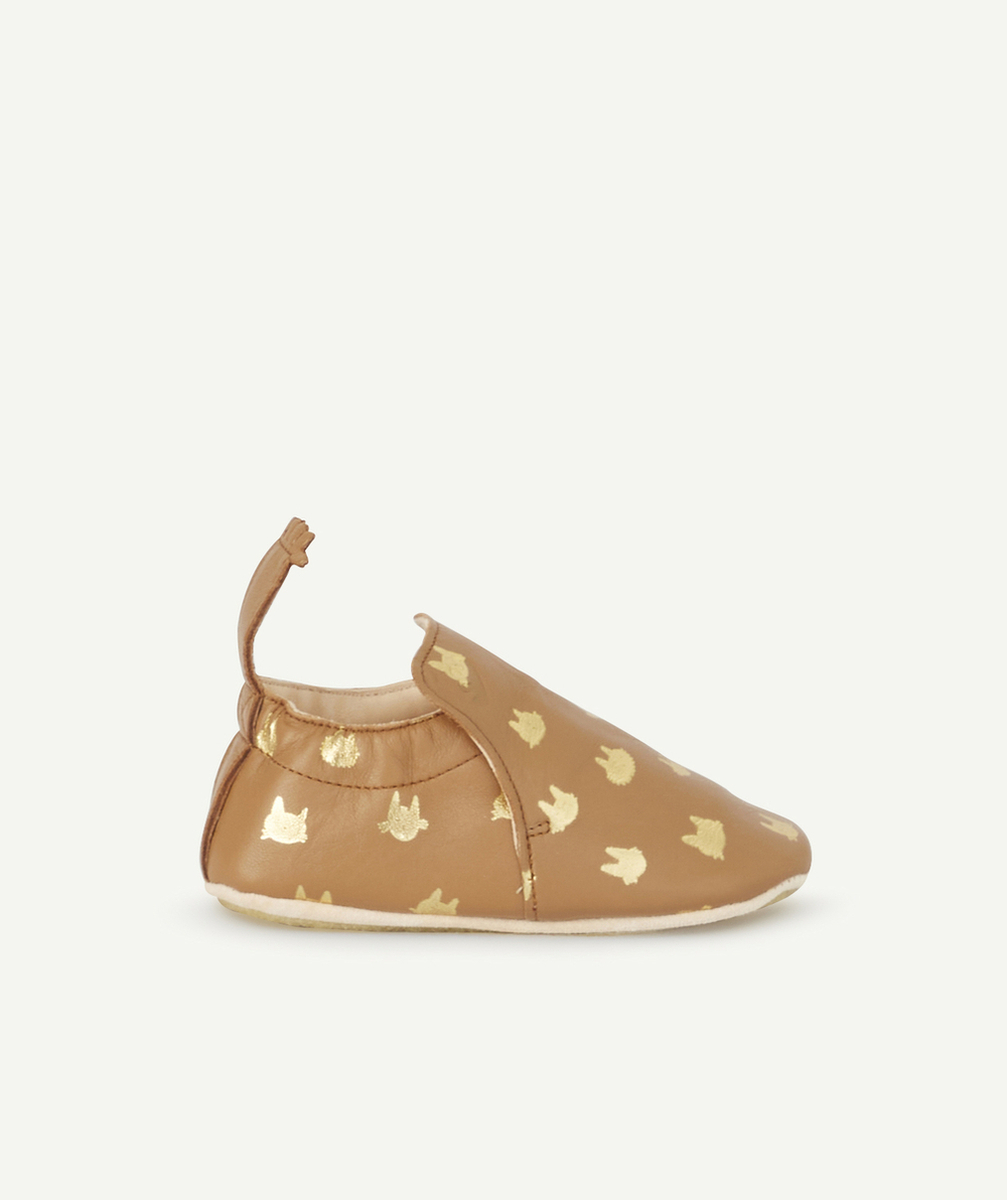 EASY PEASYCHAUSSONS EN CUIR CAMEL IMPRIMÉ CHATS COULEUR DORÉE