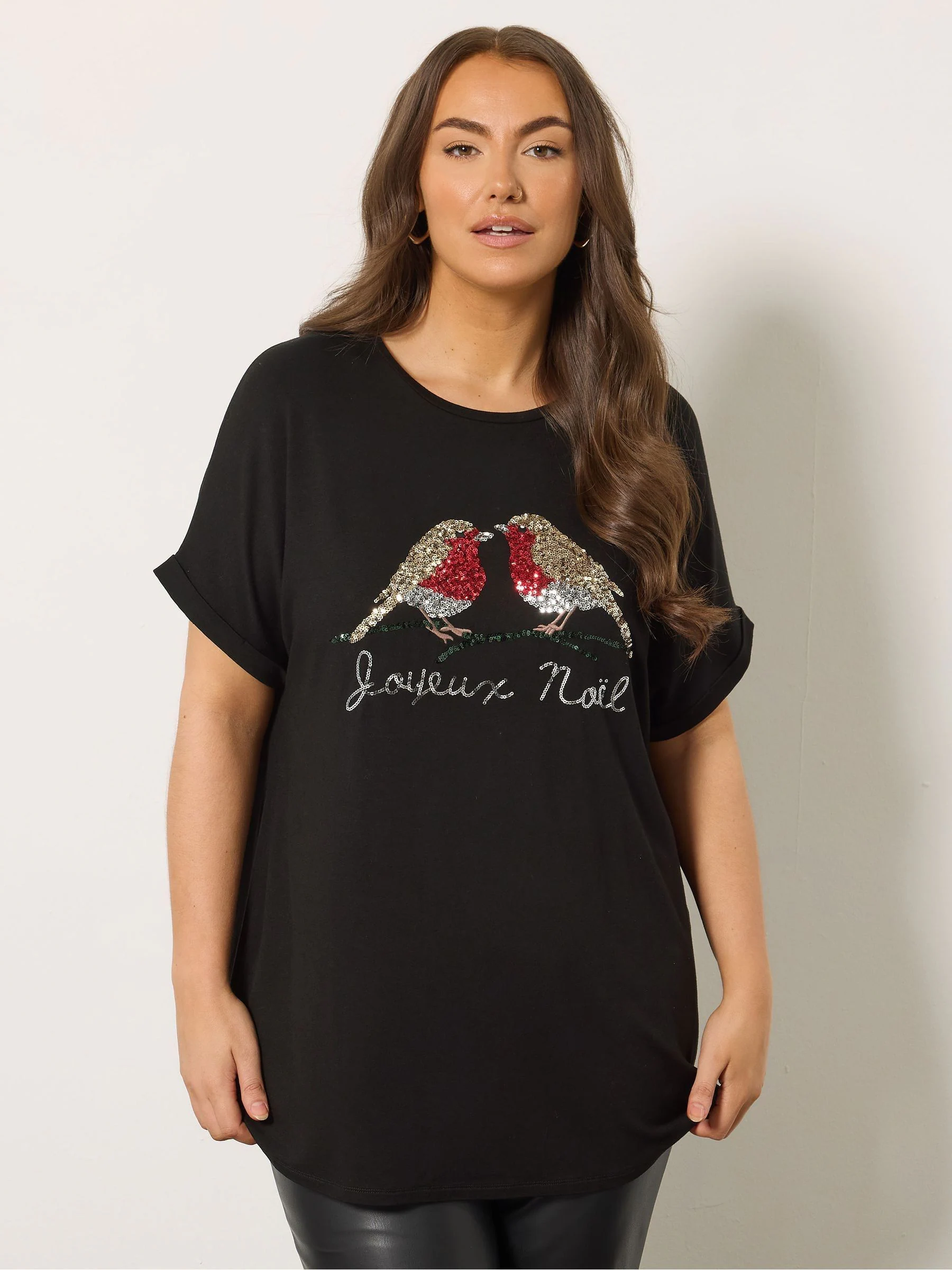 Evans Zwart T-shirt met korte mouwen en kerstmis roodborstje