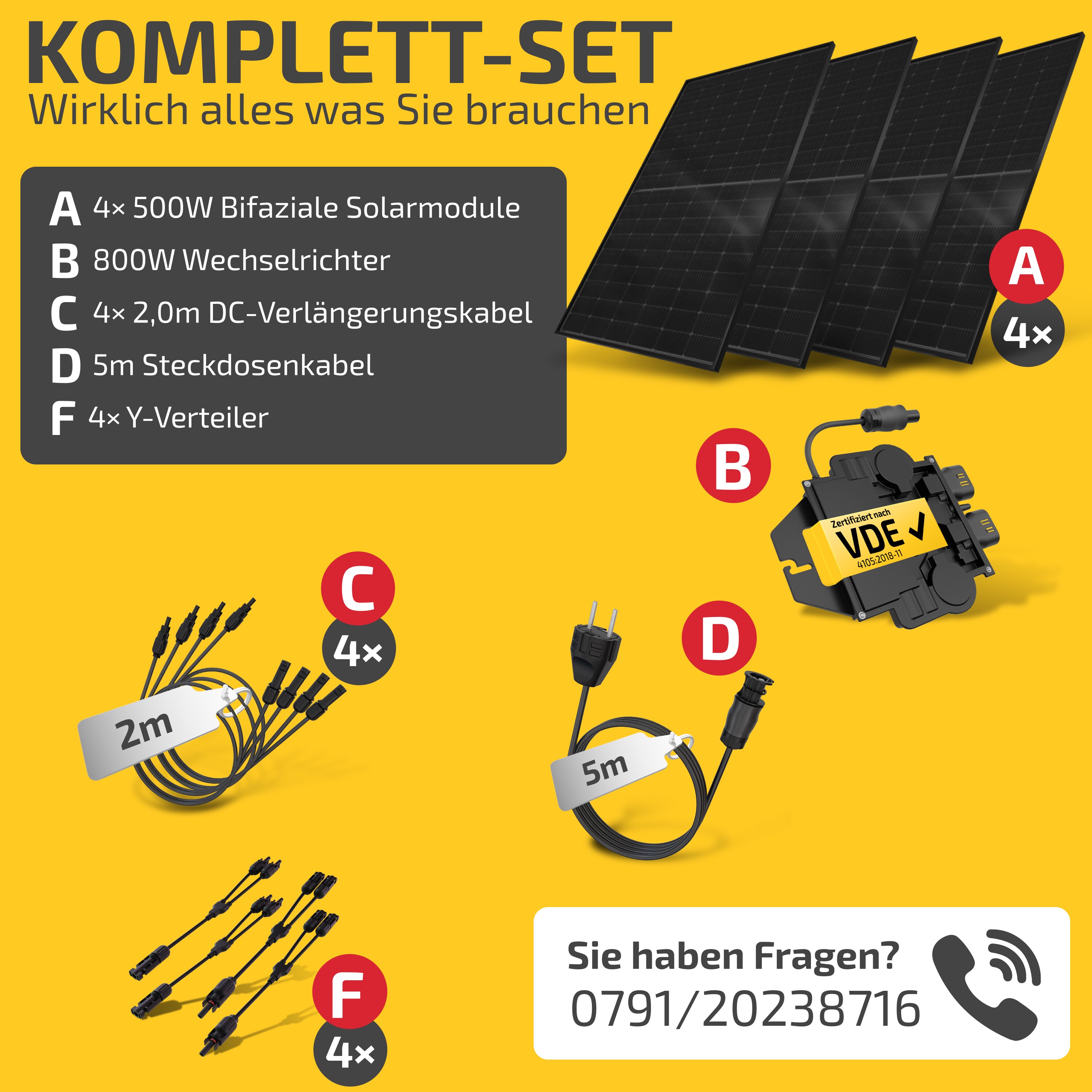 Balkonkraftwerk 2000W/800W Solaranlage Steckerfertig Komplettset Photovoltaik Anlage 800W, Kabellänge: 5m