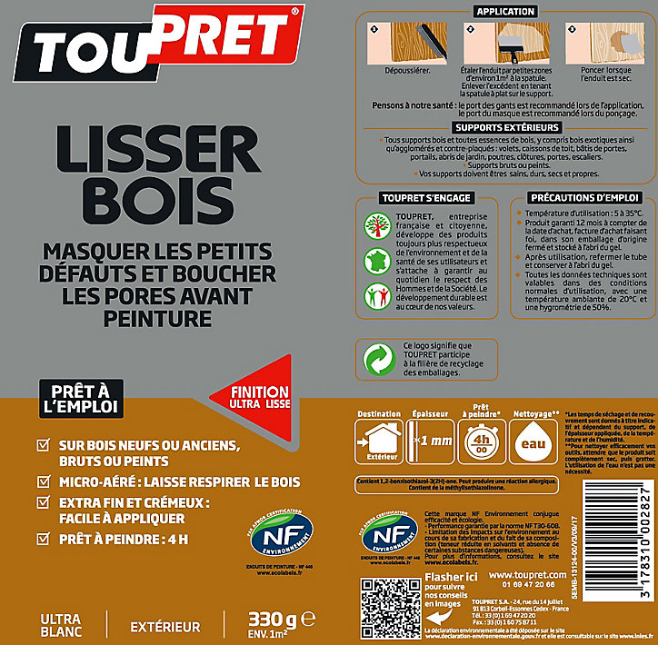 Enduit de lissage spécial bois 330g Toupret