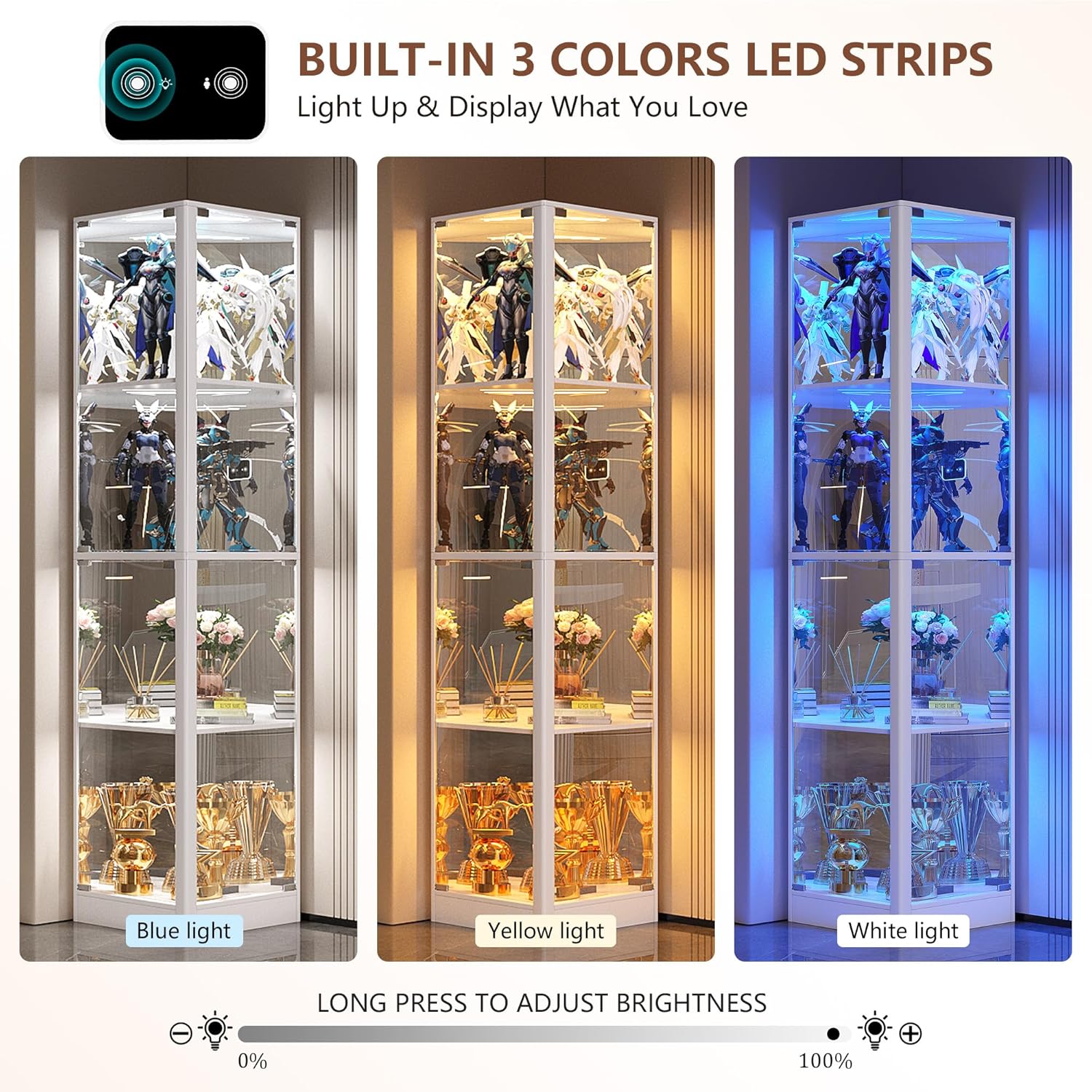 FREDEES Vitrine mit Glastüren, Eck-Kuriositätenschränke mit LED-Beleuchtung, 4-stöckige Glasvitrine für Sammlerstücke/Spielzeug/Bücher, Verspiegelter Aufbewahrungsschrank, Weiß