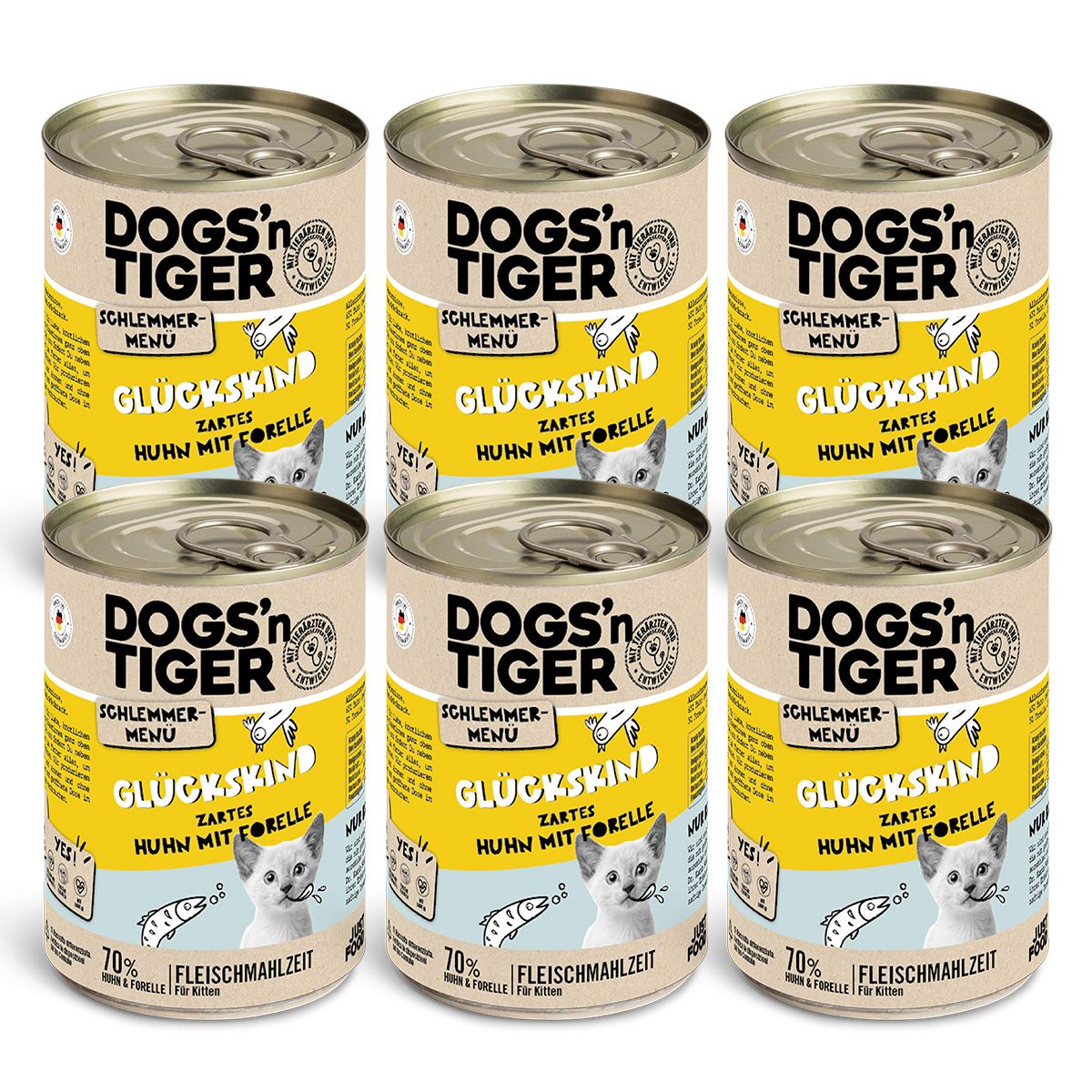 Dogs’n Tiger Junior, Kitten, Nassfutter, Katzenfutter, Getreidefrei, Glückskind, Huhn & Forelle