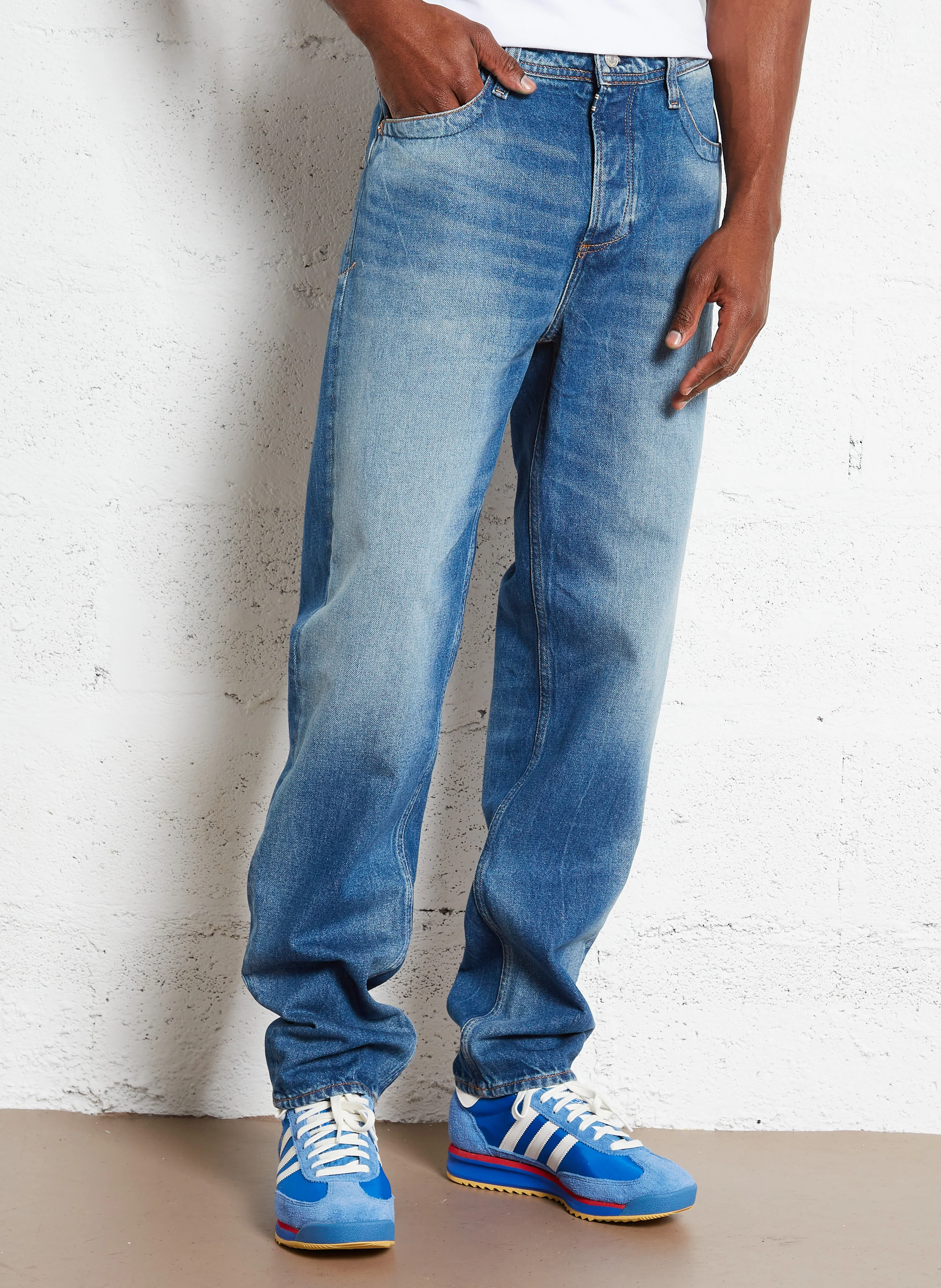 800/60 - Jean droit délavé en coton mélangé | Bleu