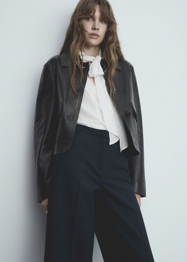 MANGO Wideleg pleated trousers Navy