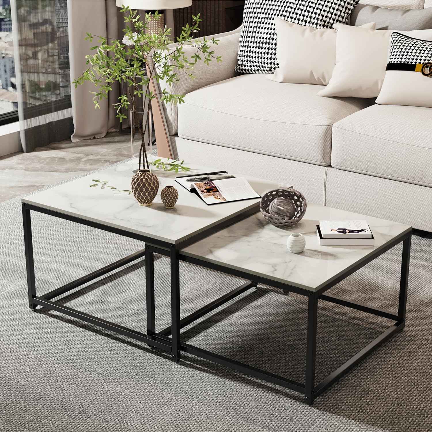 FATIVO Couchtisch Marmor Set Weiß: 2er Set Satztisch Abstelltisch Skandinavisch Beistelltisch Set für Wohnzimmer Groß:65×65×40 cm Klein:60×60×34 cm