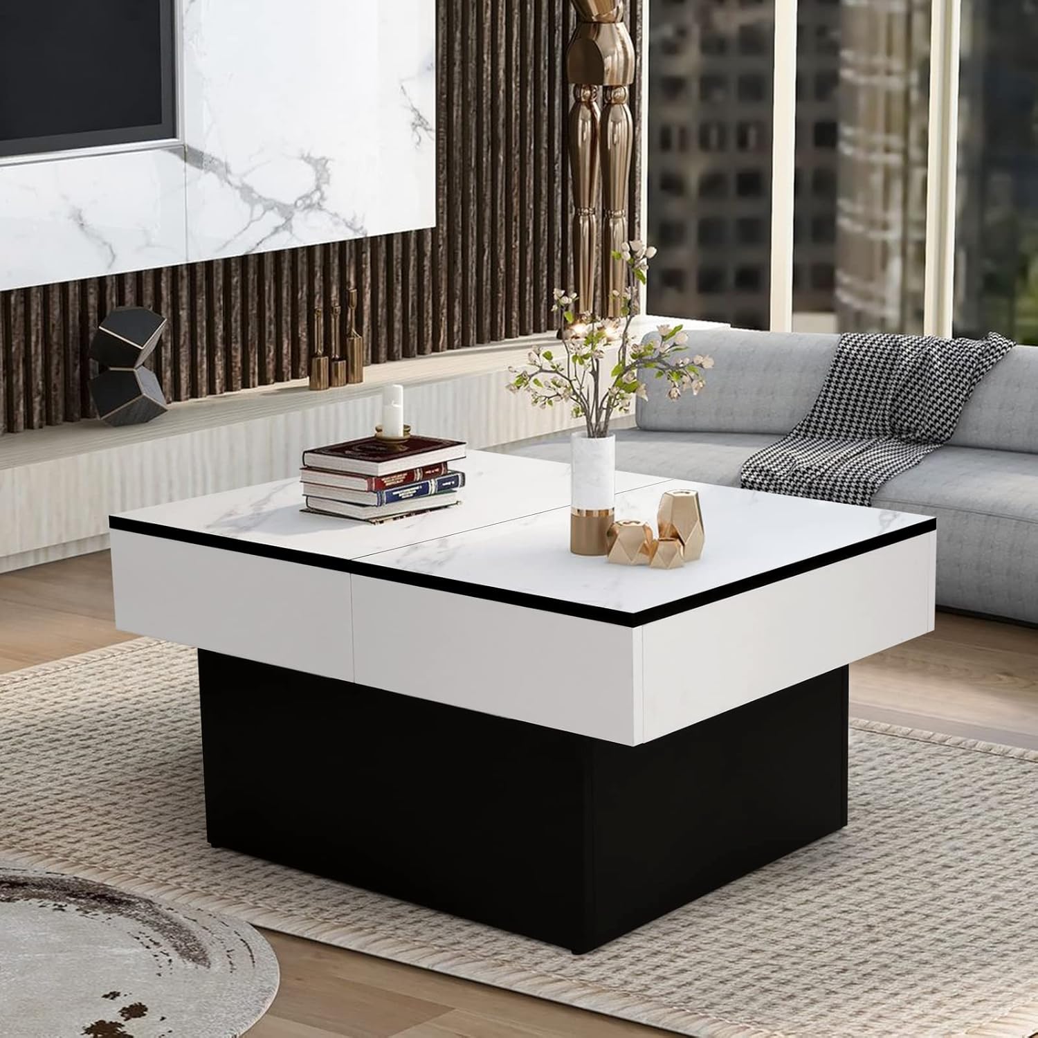 VOWNER Couchtisch, Moderner Couchtisch, Ausziehbarer Schreibtisch, Wohnzimmertisch mit 2 Stauräume, Hochglanz-Finish, 114 x 58 x 40 cm Wohnzimmer Tisch (Weiß Marmorierung)