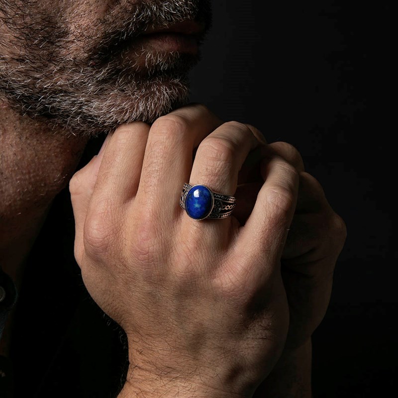 Bague Homme Ethnique Lapis Argent