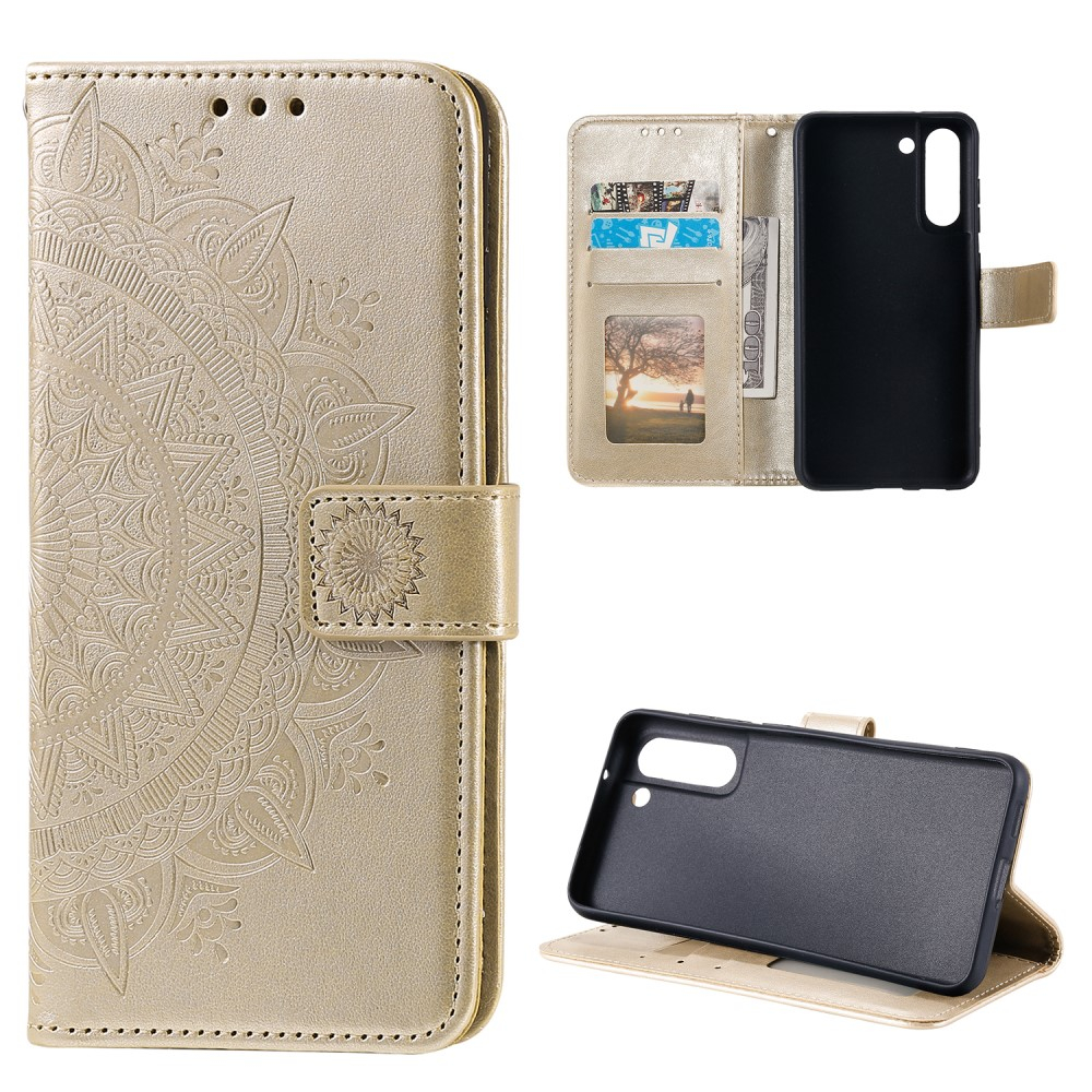 Samsung Galaxy S21 FE 5G Leder Tasche Wallet - Mandala Flowers Imprint - Gold