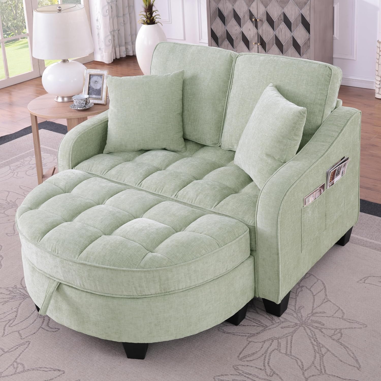 Sofa mit Schlaffunktion, 2-in-1 Schlafsofa, Modulares Sofa, Aufbewahrungs-Hocker & 4 Kisse, für Kleine Wohnzimmer, Studienzimmer, Schlafzimmer, 132×129×93cm (Cyan)