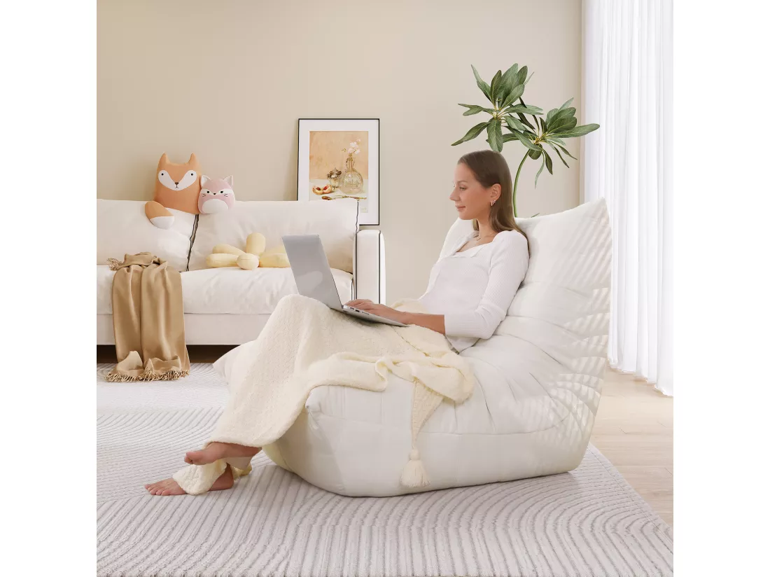 Fauteuil paresseux en tissu Chenille beige - assise profonde 62cm - 80x85x84cm