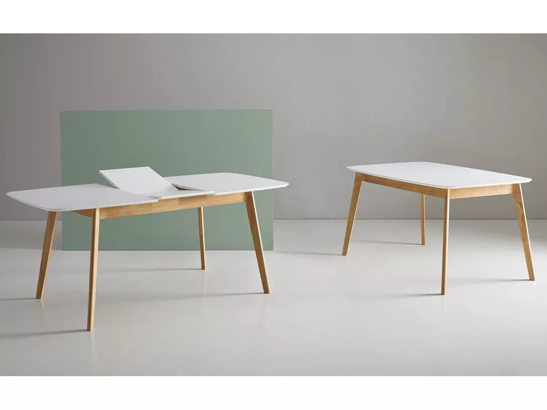 Table rectangulaire extensible scandinave blanc brillant et pieds bois clair Askin 140 à 180cm