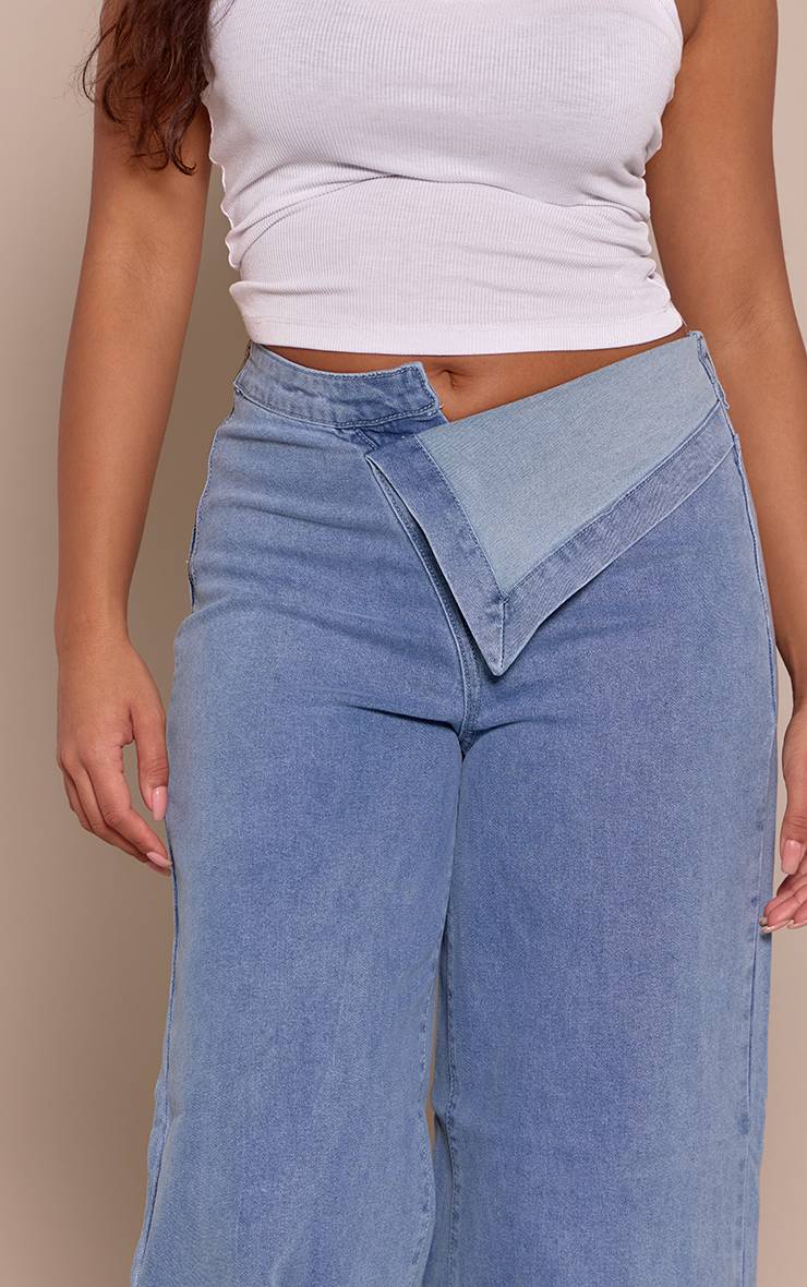 Light Blue Wash Jean Jambe Large Taille Haute Repliable Stretch Sculptant