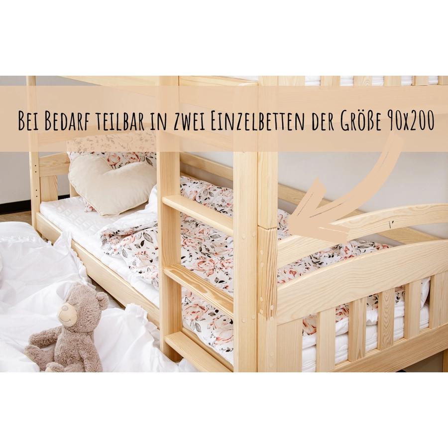 Kids Collective Hochbett 90x200 mit Ausziehbett Etagenbett mit Ausziehfunktion, 2 Schubladen natur mit Schublade