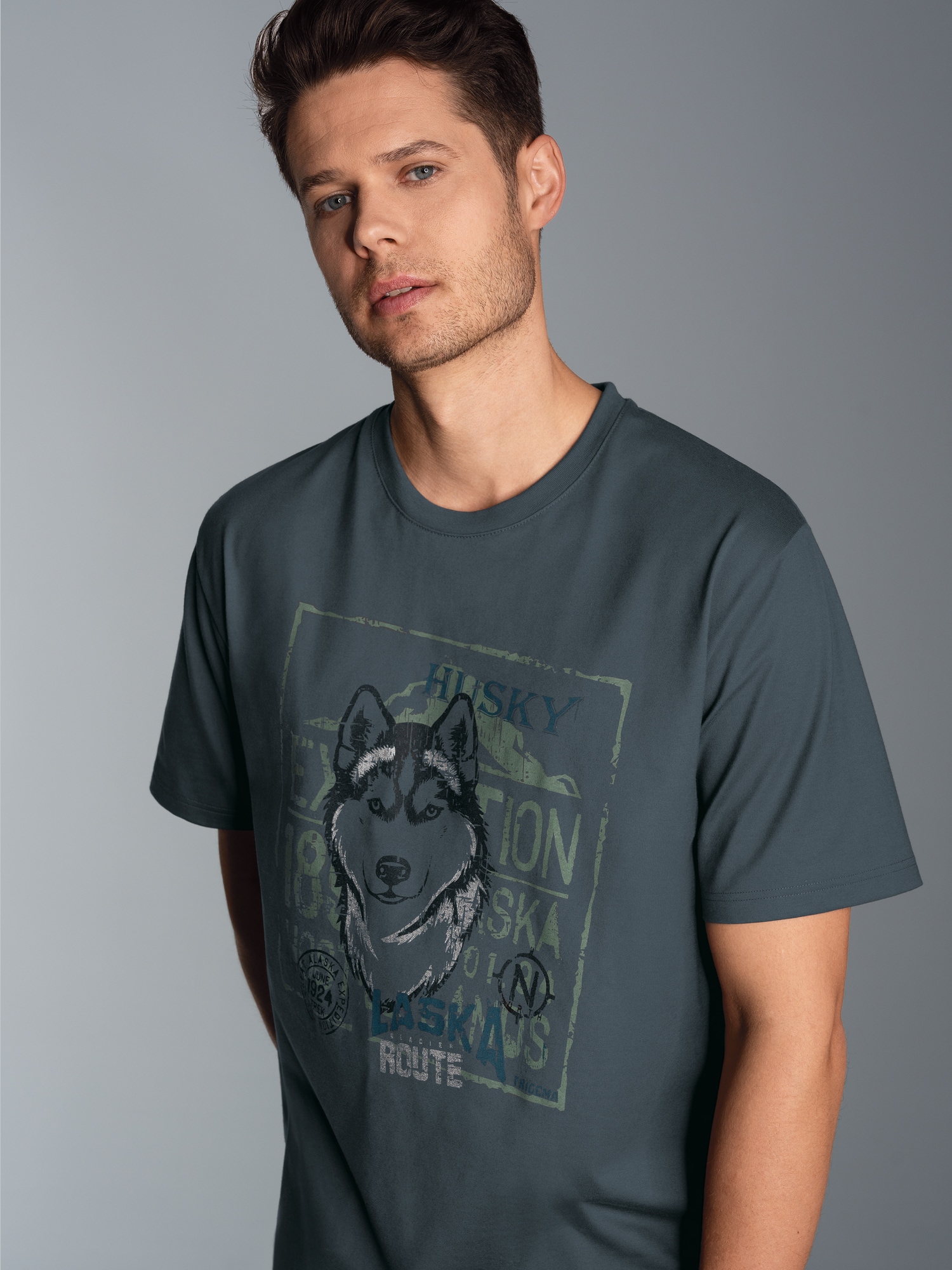 T-Shirt mit großem Husky-Printmotiv Anthrazit