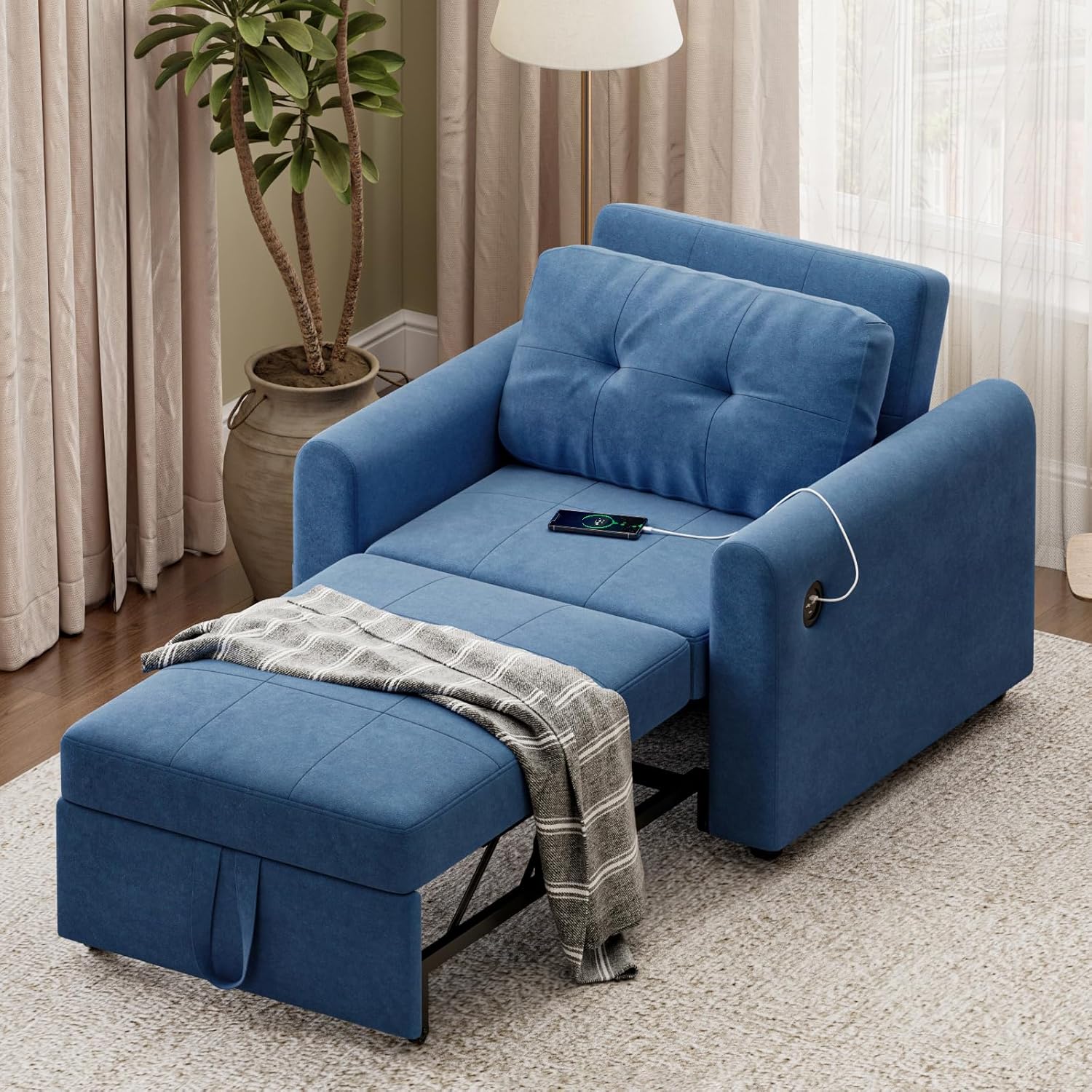 3-in-1 Schlafsessel Sofa Bett mit USB und Typ-C, Klappbares Einzelsofa mit weichem Kissen, Aufbewahrungstaschen und Verstellbarer Rückenlehne, Sherpa-Stoff Sofa Bed Chair 84 * 190cm, Blau