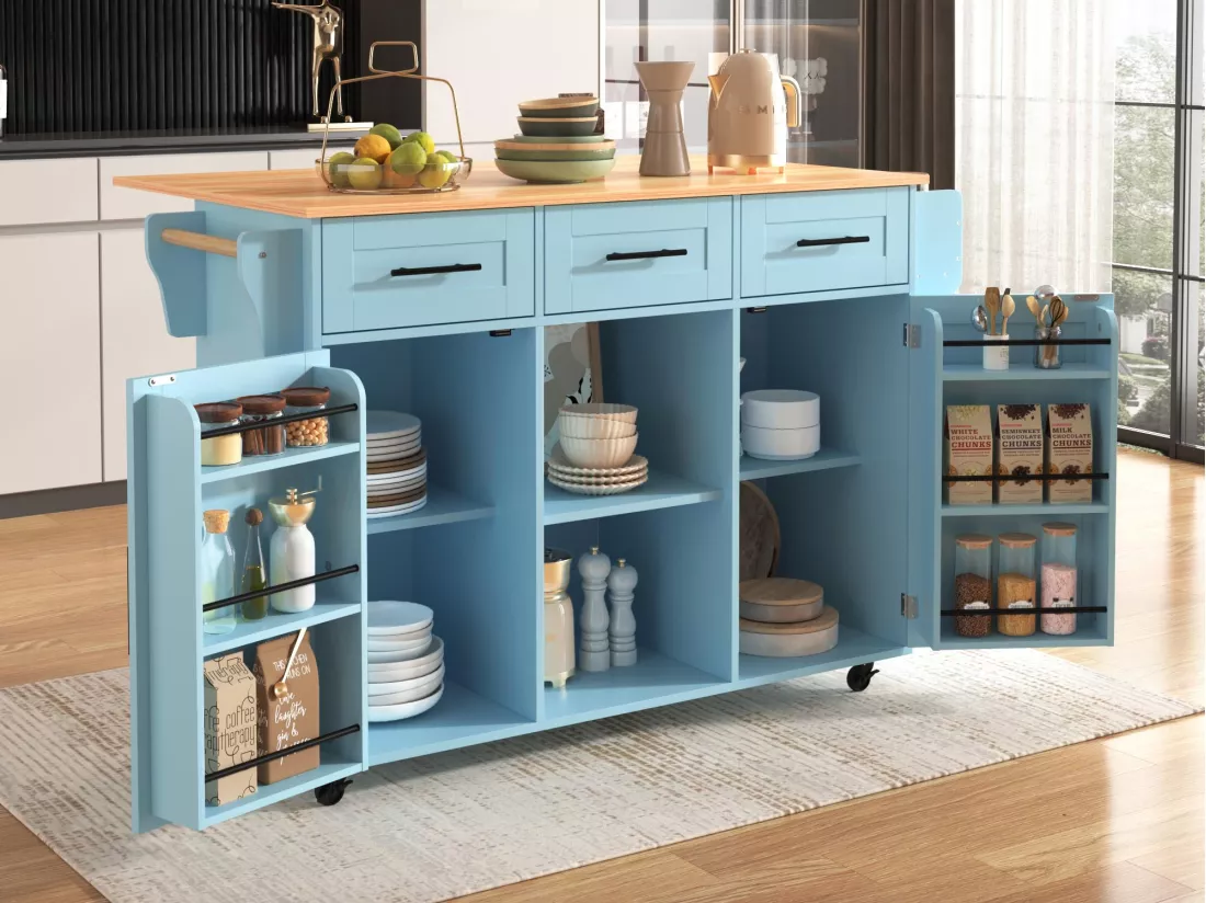Ilot central de cuisine avec 3 tiroirs et portes de rangement - Plateau extensible - pieds en roulettes ou en bois - Bleu