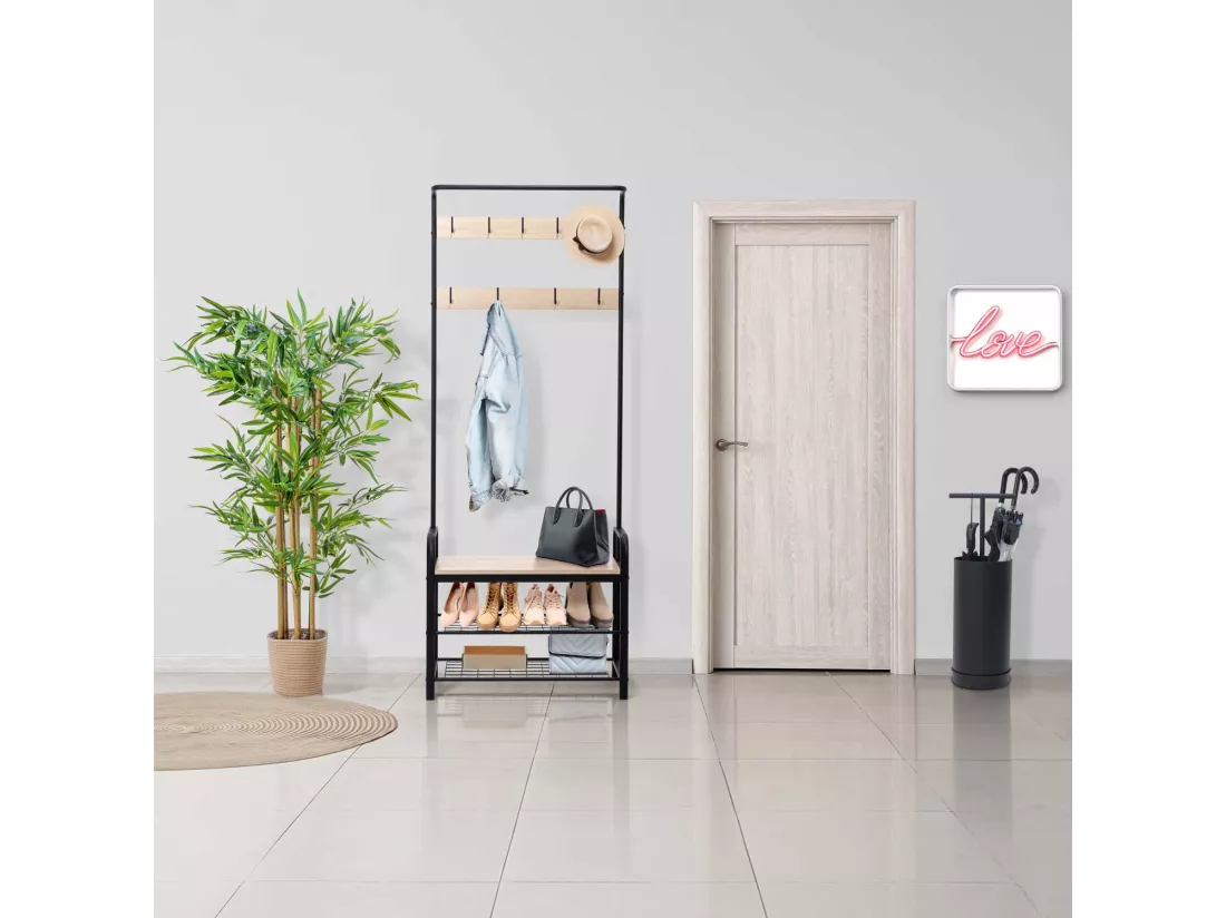 Sirsa - Cintre autoportant avec banc et compartiment à chaussures intégrés