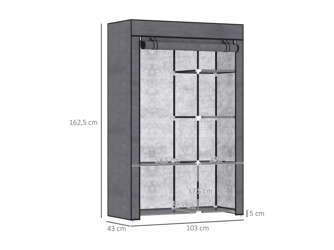 Armoire penderie multi-rangement - 6 étagères, 1 barre - dim. 103L x 43l x 162,5H cm - acier noir non tissé gris