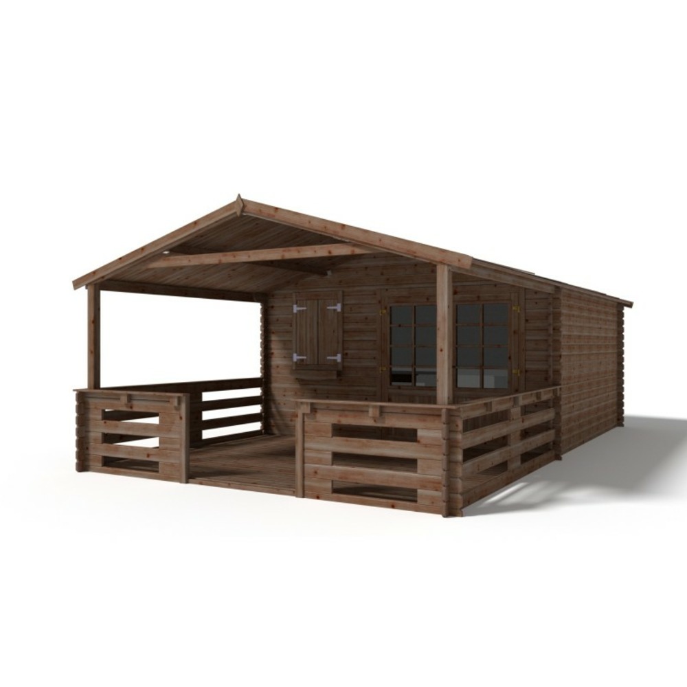 Abri de jardin en bois - 4x3 m - 24 m2 + terrasse avec balustrade et avant-toit en bois - traité