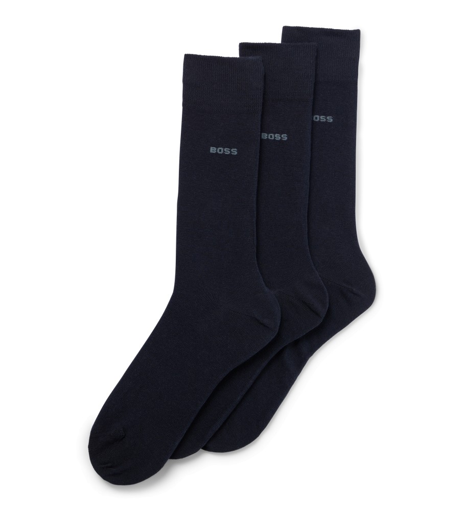 Pacote com 3 pares de meias longas padrão BOSS na cor azul marinho
