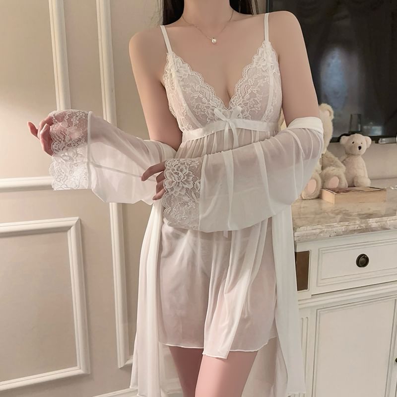 Dshe - Spaghettibandjes V-hals kanten paneel strik accent mesh nachthemd / pyjamajas / string / set