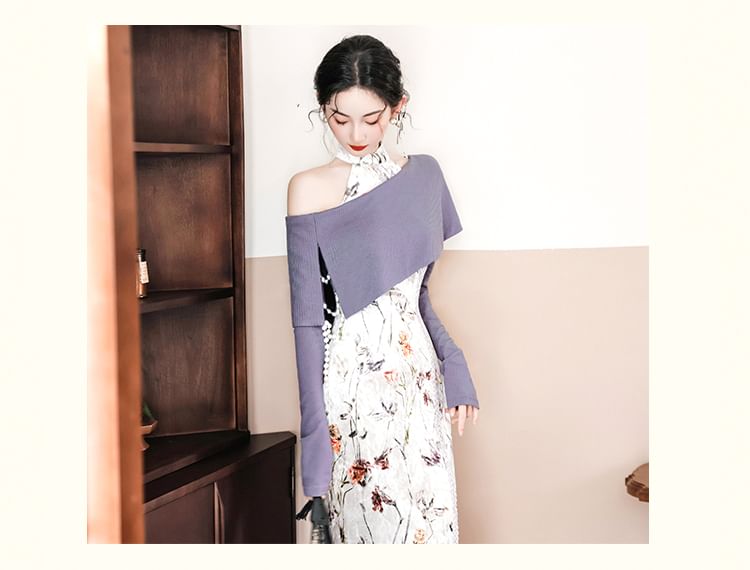 Nebbia - Set: Mouwloze maxi-jurk van fluweel met mandarijnkraag en bloemenpatroon + lange mouwloze crop top met één schouder