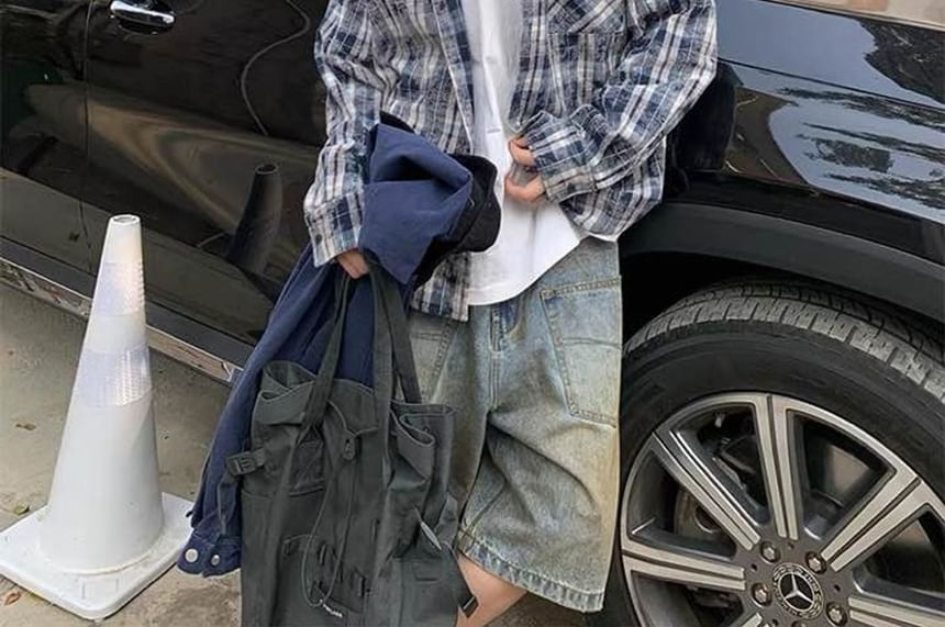 SeoulPop - Geruite gewassen losse denim shacket