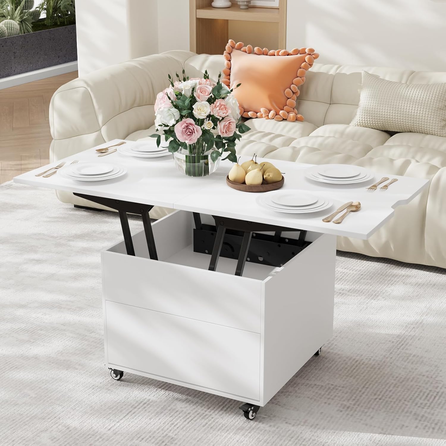 VOWNER Couchtisch Höhenverstellbar, 3-in-1-Multifunktions-Couchtisch Umwandelbar in Wohnzimmer-Esstisch, Couchtisch mit Verstecktem Stauraum, 120L x 60W x 68H cm (Weiß)