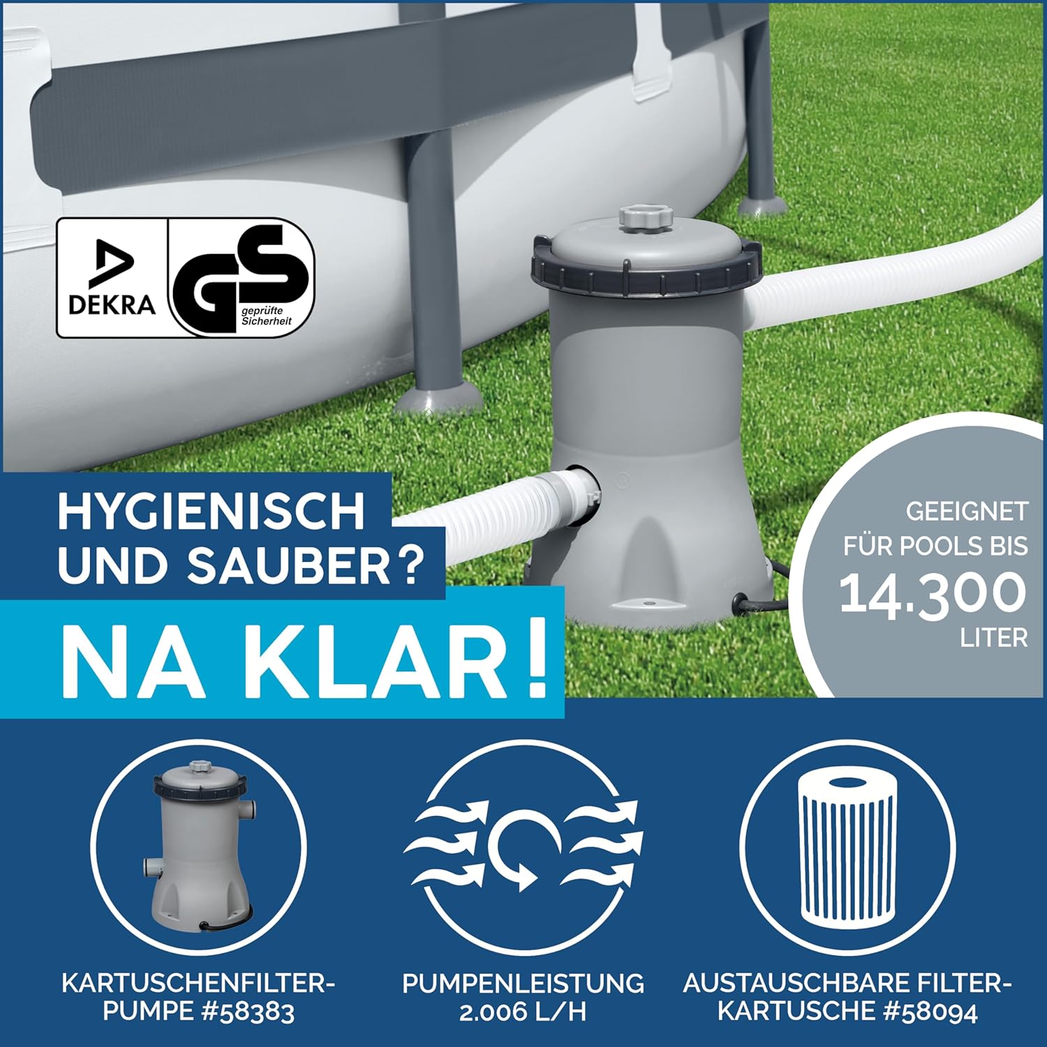 Bestway Fast Set Pool, 457 x 107 cm, Komplett-Set mit Filterpumpe, rund, graue Rattan-Optik