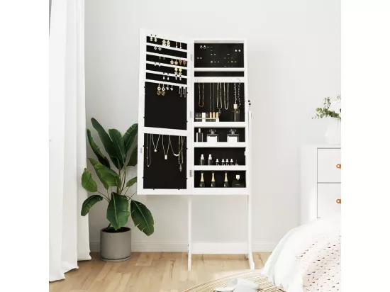 Armoire à bijoux avec miroir sur pied blanc 42x38x152 cm