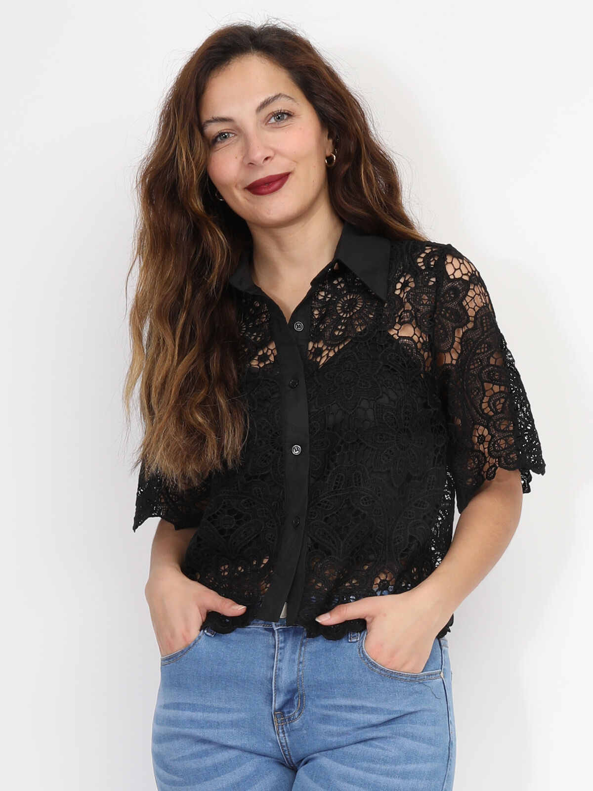 Chemise en dentelle crochet florale- Noir