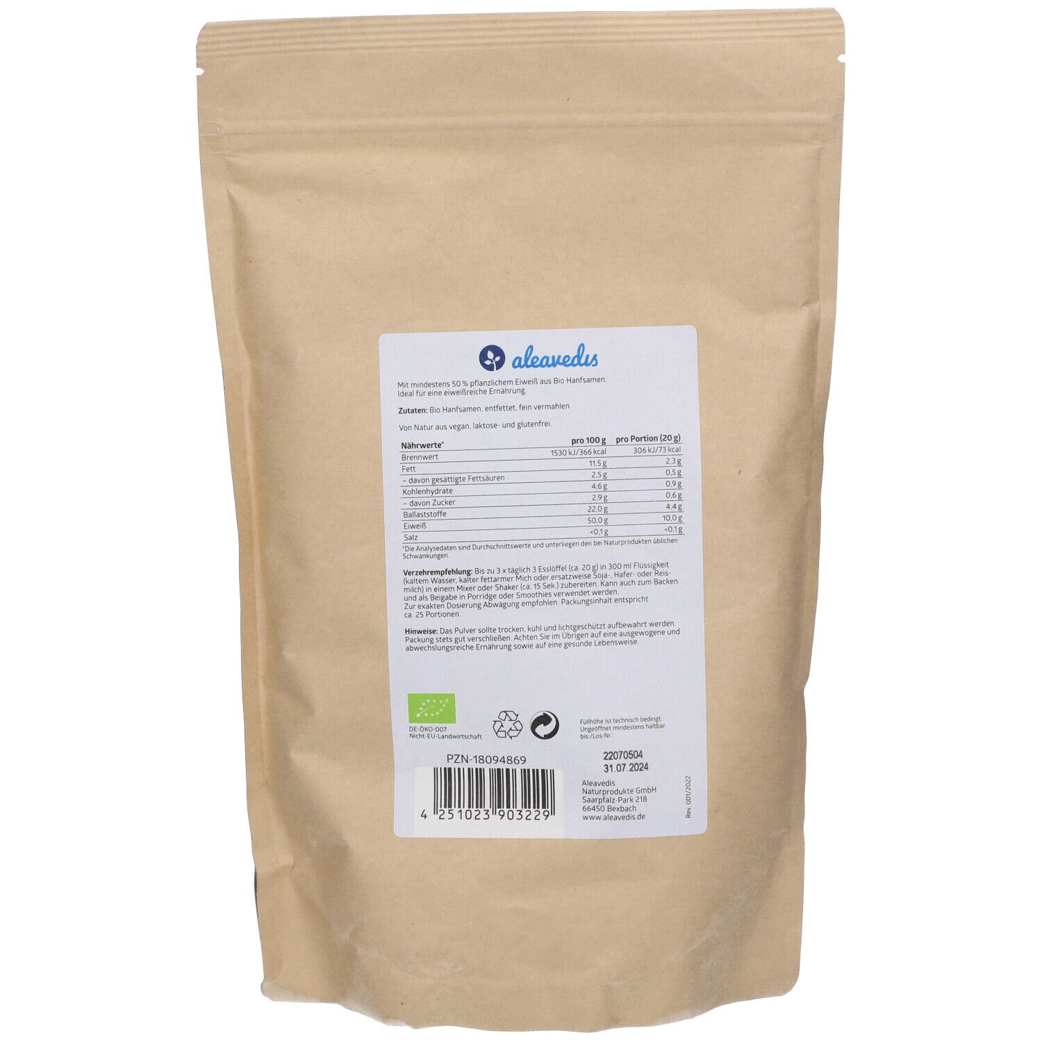 Aleavedis Hanfprotein Bio Getränkepulver