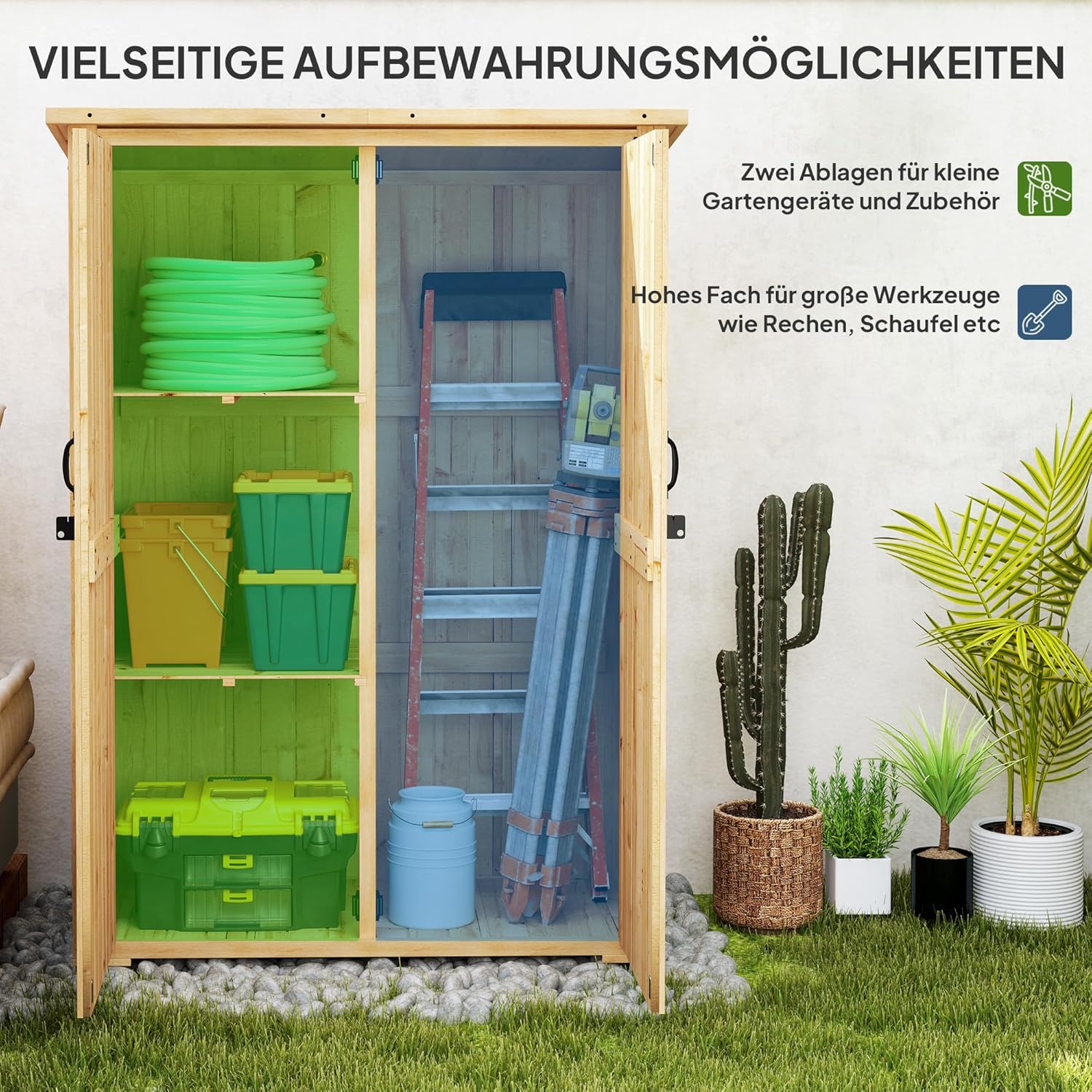 Outsunny Gartenschrank Holz, Geräteschuppen mit Abschließbar Doppeltür Asphalt-Dach Ablage 116,5x57x167cm, wetterfest Geräteschrank, Gerätehaus Gartenschuppen für Garten, Terrasse, Naturholz